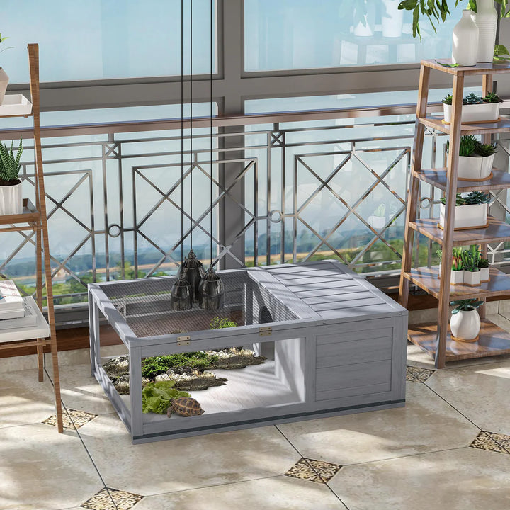 Small Pet Tortoise House with Mesh Roof and Pull-Out Side Panel for Indoor Outdoor Use