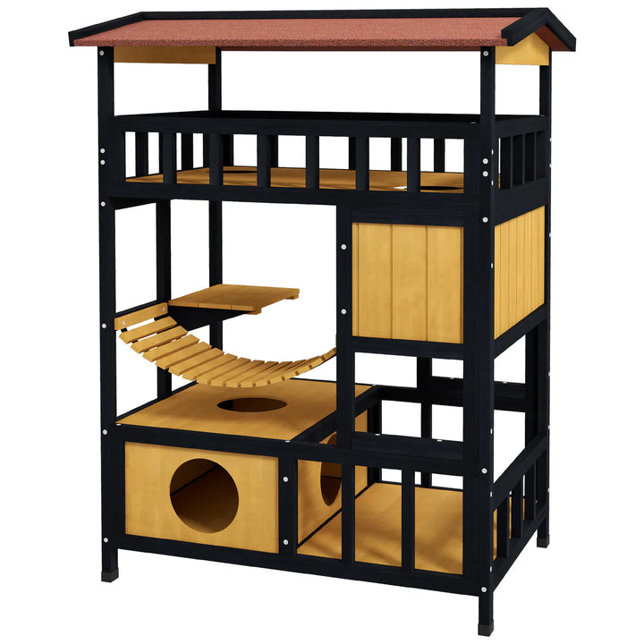 Four-Tier Outdoor Wooden Feral Cat Shelter with Suspension Bridge and Balcony