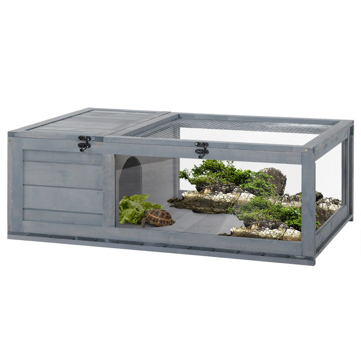 Small Pet Tortoise House with Mesh Roof and Pull-Out Side Panel for Indoor Outdoor Use