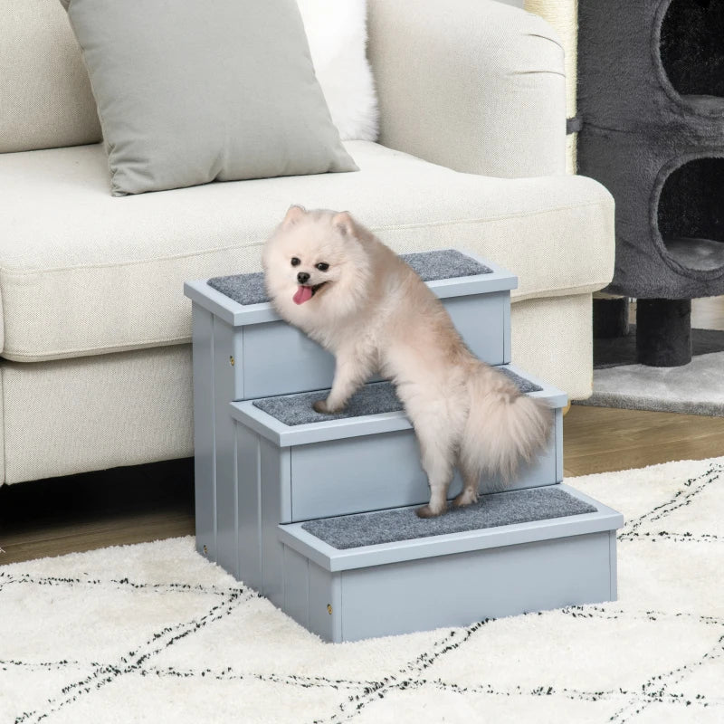 3 Step Wooden Dog Stairs with Non-Slip Carpet and Storage