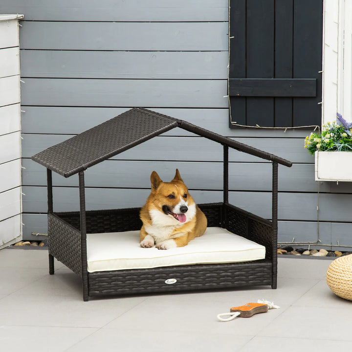 Wicker Dog House with Canopy and Removable Cushion for Small & Medium Dogs