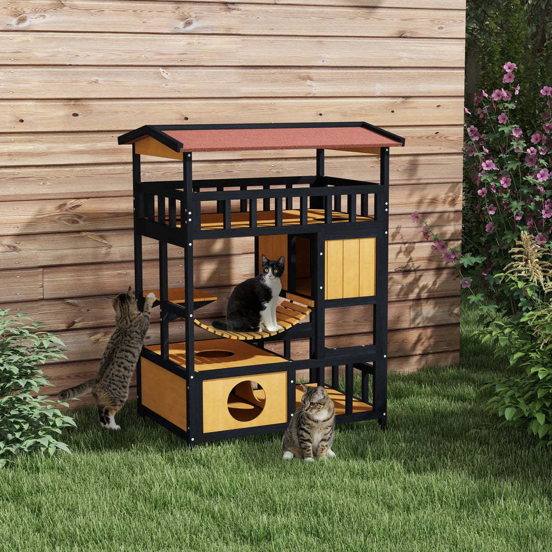 Four-Tier Outdoor Wooden Feral Cat Shelter with Suspension Bridge and Balcony