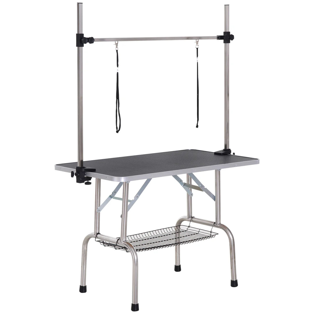 Adjustable Dog Grooming Table with Rubber Top, Safety Slings & Mesh Storage Basket