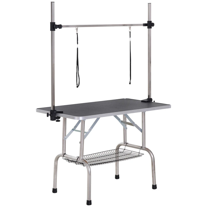 Adjustable Dog Grooming Table with Rubber Top, Safety Slings & Mesh Storage Basket